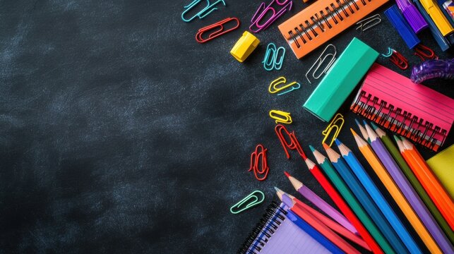 a flat lay of colorful school supplies pencils, notebooks, paperclips neatly arranged on a chalkboard background with space for text - Powered by Adobe
