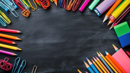 a flat lay of colorful school supplies pencils, notebooks, paperclips neatly arranged on a chalkboard background with space for text