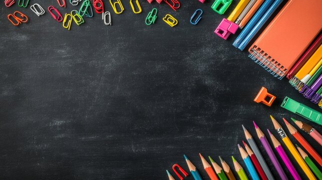 a flat lay of colorful school supplies pencils, notebooks, paperclips neatly arranged on a chalkboard background with space for text