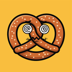 Cartoon Pretzel Character with Swirly Eyes and Frowning Mouth.
