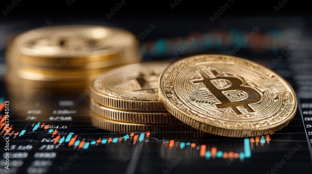 Poster a bitcoin coin on a chart representing quantum investment strategy icon concept with a professional 