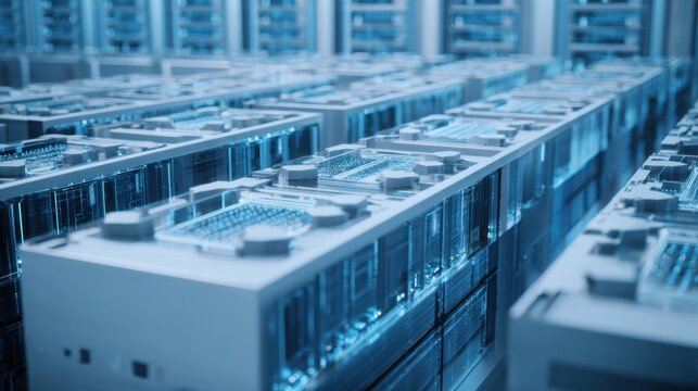 Large scale visualization of quantum mining farm representing advanced computational power and resource management