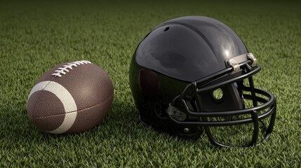 Football helmet and ball resting on artificial green field