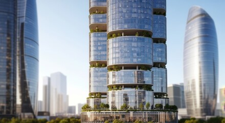 Futuristic commercial skyscraper emphasizing transparent curved windows and sustainable urban design.