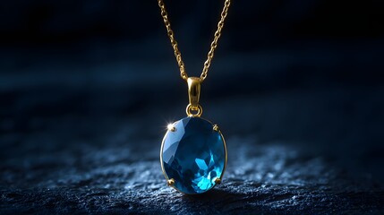 Gold necklace with a deep blue gemstone pendant.