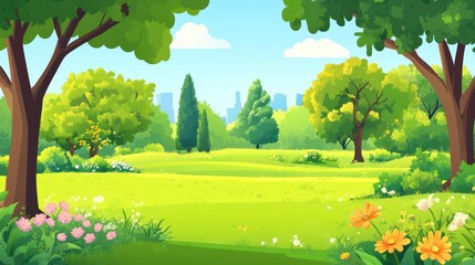 Lush green parkland scene with trees, flowers, and a cityscape in the background.
