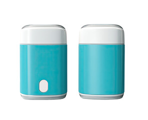 Two teal-colored rectangular containers, side-by-side, glossy finish, one with a white circle