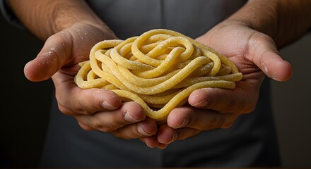 Pasta Perfection: An expert's hands cradle a perfectly formed nest of freshly made pasta. Evoking a sense of culinary expertise and rustic charm.
