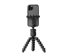 Smartphone tripod mount, dark gray.  Compact, versatile, and adjustable, the device secures a phone for stable, adjustable, and flexible shooting angles
