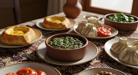 Georgian Cuisine Spread: A photorealistic close-up shot capturing a traditional Georgian feast, with mouth-watering dishes artfully arranged on a patterned tablecloth.