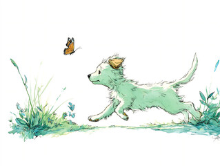 Obraz premium A watercolor scene of a puppy chasing a butterfly