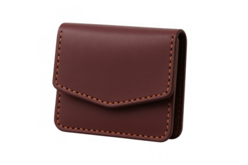 Maroon leather wallet displaying fine orange stitching, highlighting elegant design against transparent backdrop