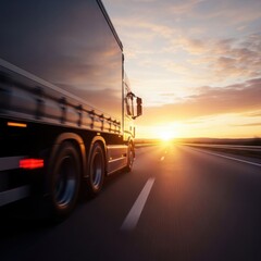 Truck Traveling on Highway During Golden Hour Sunset Landscape