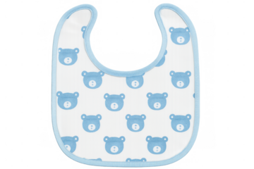 Baby bib featuring playful blue bear prints, protecting infant during feeding, white background