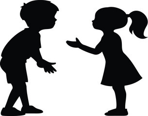 Silhouette of Two Children Interacting: Boy and Girl Playing