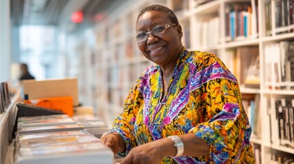 Afro-american elderly woman smiling in bookstore colorful shirt photo literature browsing, bookshop lifestyle, senior education, cultural interest, joyful reading