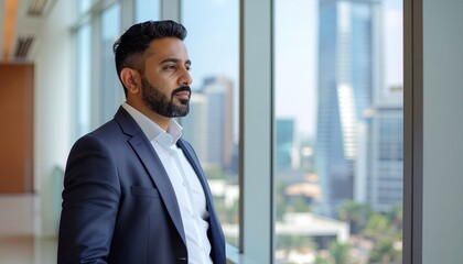 Middle Eastern businessman reflecting near office window in natural daylight wearing formal attire