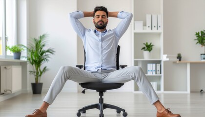 Middle Eastern man stretching in office chair during work for workplace wellness and stress relief
