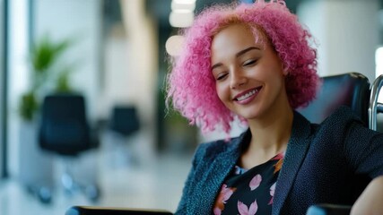 A cheerful smiling young woman with pink hair in a professional office setting, conveying positivity and progressive attitudes.