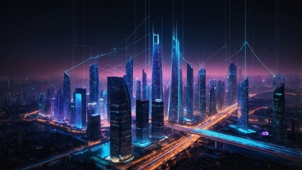 Futuristic smart city skyline at night with glowing data lines and holographic UI overlay. AI-powered urban concept.