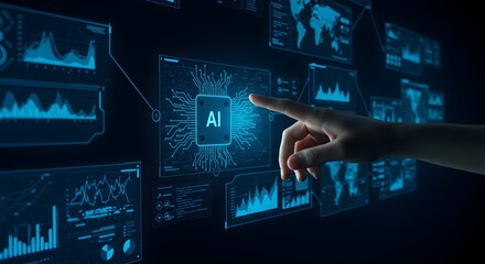 Digital Touch of AI: A human hand interacting with an interactive screen with AI text, showcasing the cutting-edge concepts of artificial intelligence and data analytics.