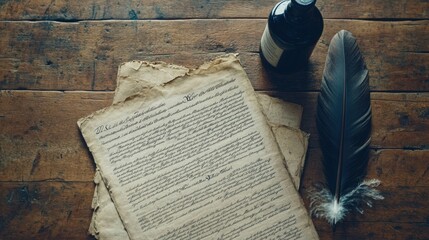 a vintage flat lay of U.S. Constitution pages, an ink bottle, and a feather quill arranged on an aged wooden table with soft shadows