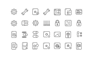 Minimalist line icon set for gear, tools, preferences, and advanced system settings