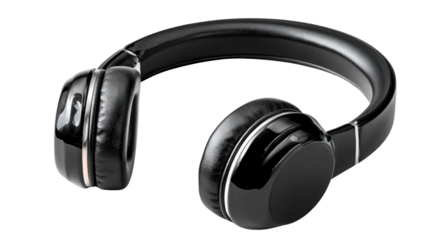 Black Headphones: A sleek pair of black headphones rests, isolated. The image shows the design and textures. perfect for use in design work or representing the latest technology