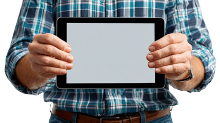 Man Holding Tablet: A man holding tablet is showing the interface of blank screen in front of him, illustrating technology