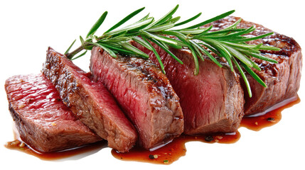 Gourmet Steak with Rosemary: Close-up view of a juicy, grilled steak garnished with fresh rosemary, inviting culinary delight and representing the pinnacle of fine dining experiences.