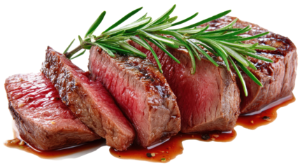 Gourmet Steak with Rosemary: Close-up view of a juicy, grilled steak garnished with fresh rosemary, inviting culinary delight and representing the pinnacle of fine dining experiences.