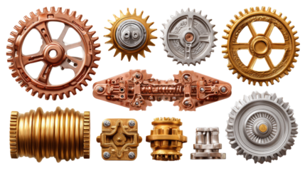 Intricate Mechanical Gears: An array of precision-engineered gears, crafted from various metals, intricately arranged to showcase mechanical elegance and industrial precision.