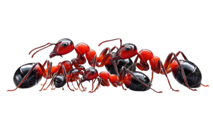 Ants Working Together: A macro view of vibrant red and black ants huddled together in a show of teamwork, illustrating cooperation, diligence, and the insect world's intricate social dynamic.