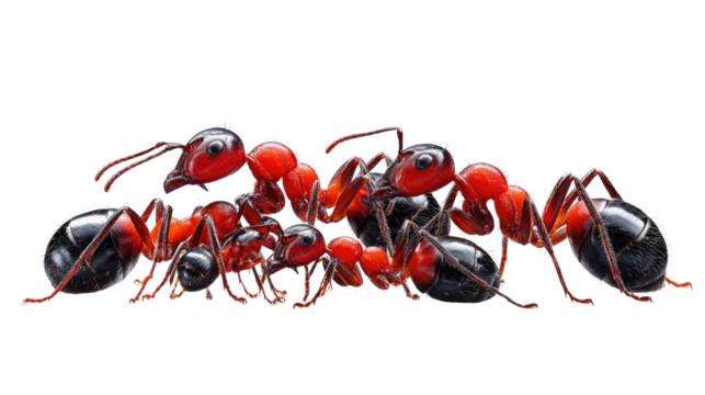 Ants Working Together: A macro view of vibrant red and black ants huddled together in a show of teamwork, illustrating cooperation, diligence, and the insect world's intricate social dynamic.