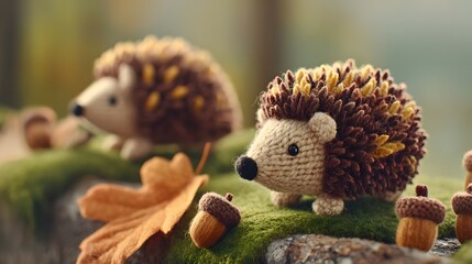 Obraz premium Two knitted hedgehogs rest on a bed of moss.