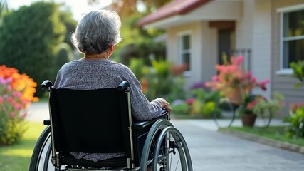 Senior Asian woman in a wheelchair, sitting outdoors in a garden. Bright flowers and a house are visible in the background. Soft sunlight illuminates the scene. - Powered by Adobe