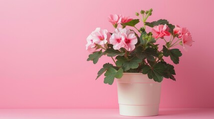 Fototapeta premium Bright geranium flowers in a pot bloom in clusters on top of lush green leaves on a pink background.