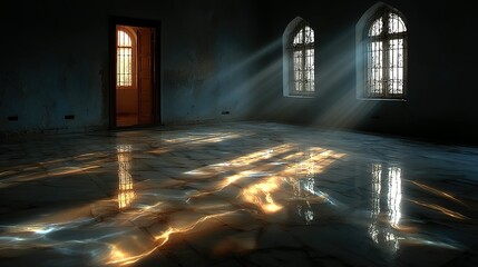 Fototapeta premium Ethereal Light Rays: Sunlight Streaming Through Arched Windows onto Marble Floor