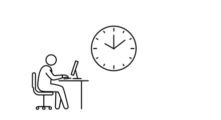 Minimalist outline animation of a person working at an office desk with a clock showing the passage of time.