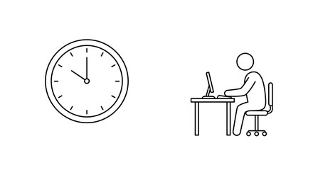 Minimalist outline icon of a person working at a desk and a clock, symbolizing office hours and productivity.