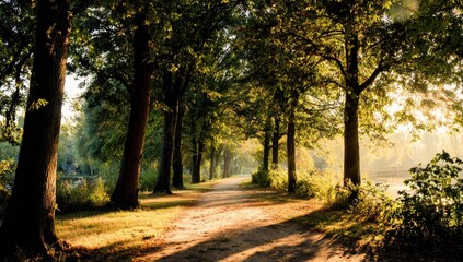 Sunlit path through autumn trees