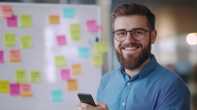 Smiling man with beard and glasses holding cellphone near whiteboard of ideas.