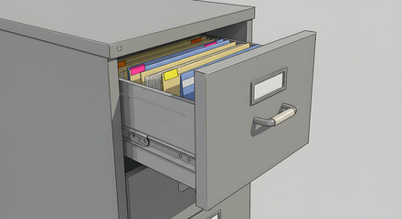 Vector outline drawing of an office filing cabinet with an open drawer showing organized documents for business administration.