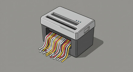 Isometric illustration of an office paper shredder destroying confidential documents for data security