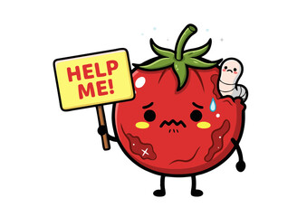 Cartoon Tomato Character Holding Help Me Sign with a Worm.