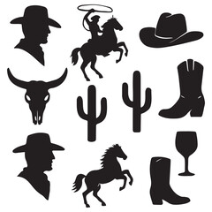 Western vector graphic set featuring cowgirls horses cacti skulls hats boots vector silhouette