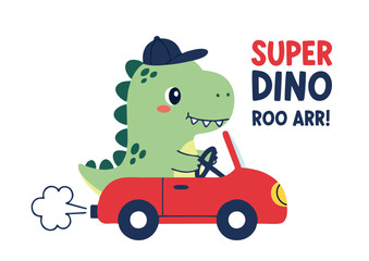 Cartoon Dinosaur Driving a Red Car with a Baseball Cap.