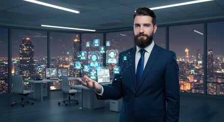 Visionary in the digital domain: A tech-savvy professional exudes leadership and vision, presenting digital human icons against a sleek, modern office and a cityscape backdrop.