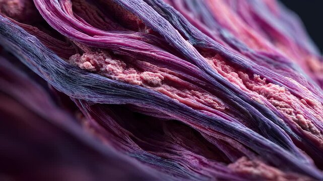 Closeup timelapse of layered muscle fibers diminishing over time illustrating severe muscle atrophy in cancer cachexia.