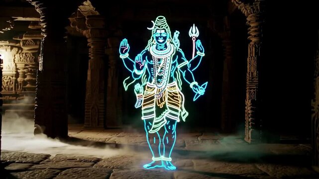 Glowing Neon Figure Dancing in Ancient Stone Temple Fog